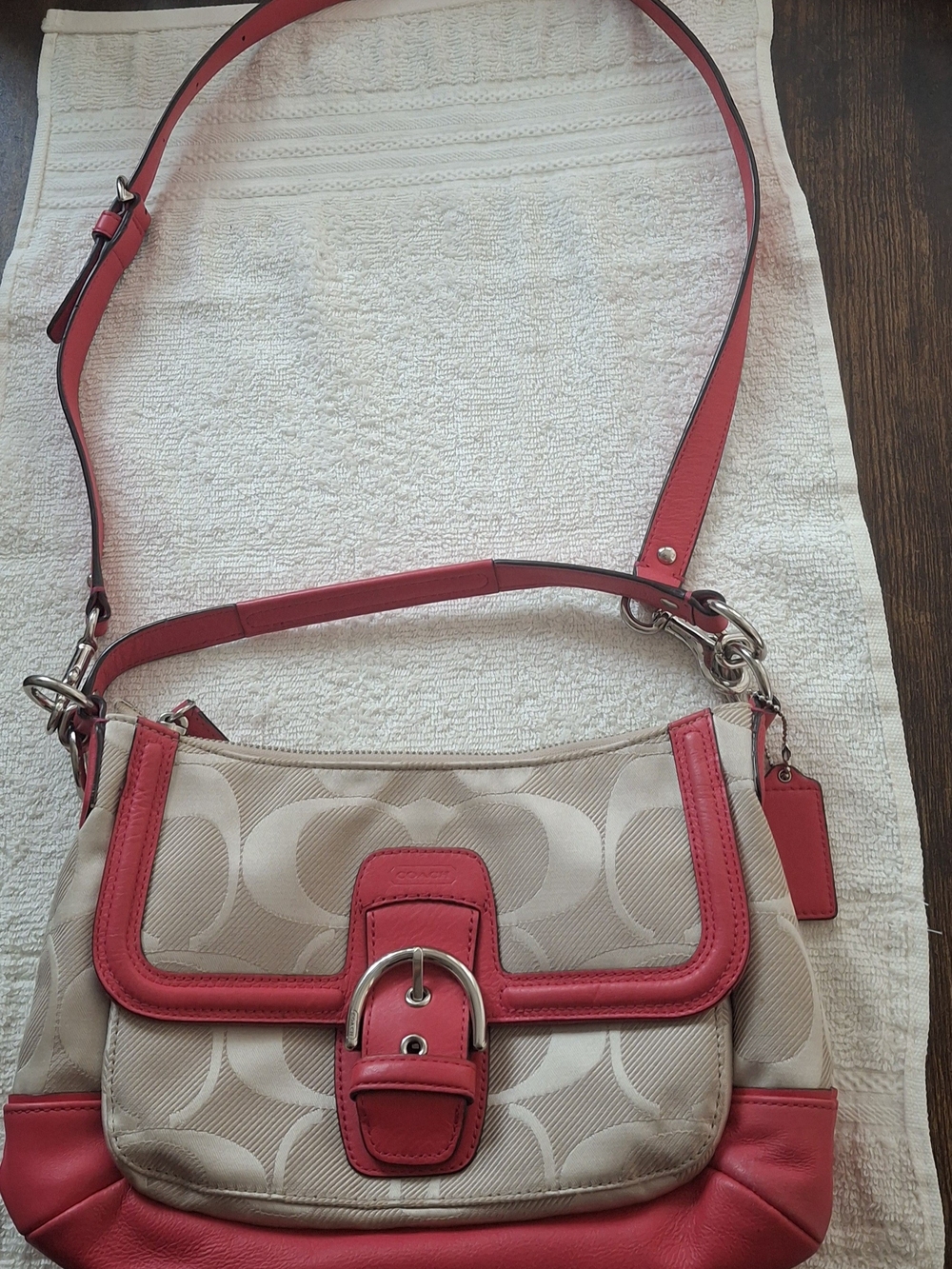 Coach Beige Signature Canvas Shoulder Bag with Pink Trim